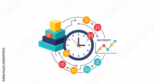 A colorful infographic displays a clock surrounded by various graphs and icons on a white background