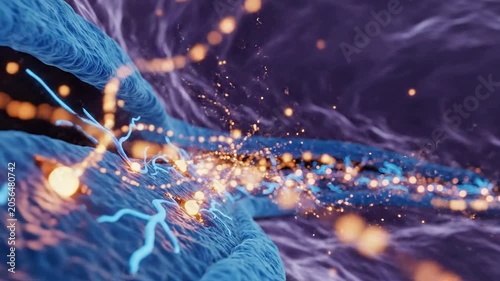 Abstract CGI Animation of Retina Health Highlighting Neural Connections and Glowing Synapses in Vibrant Purple and Blue Background