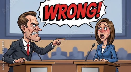 Man and woman pointing at incorrect answer on chalkboard.