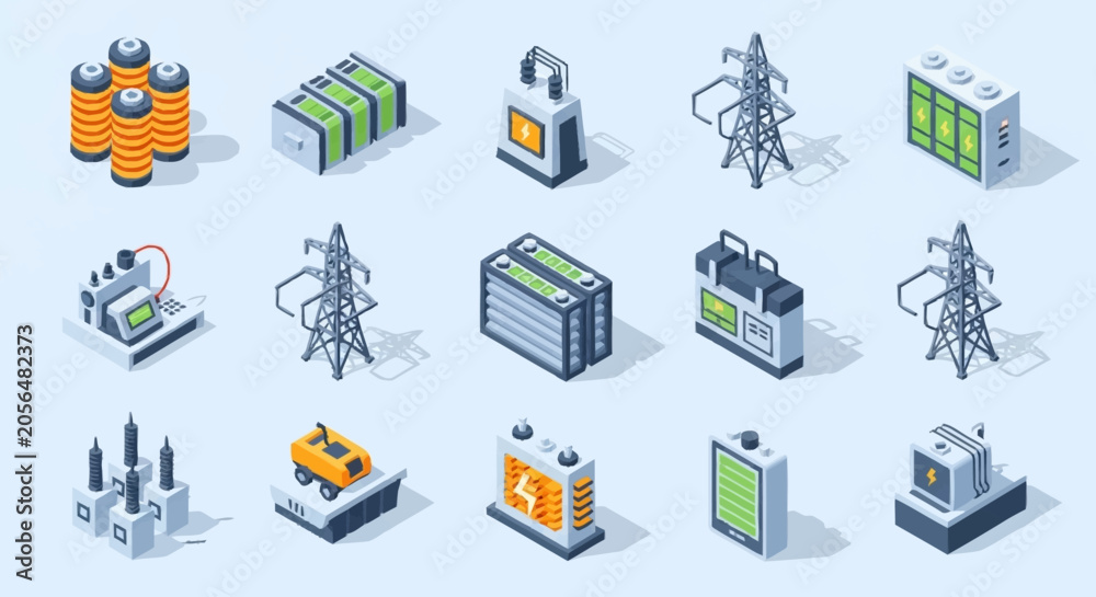 Fototapeta premium Collection of isometric icons representing various types of batteries and power generation equipment.