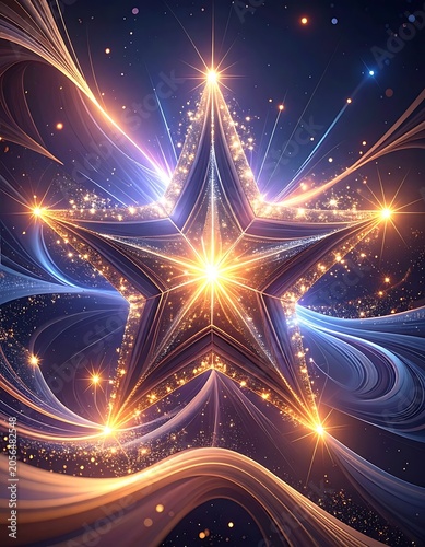A vibrant star shines brightly amidst swirling cosmic waves and sparkling lights