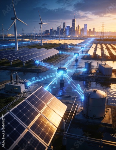 Smart Renewable Energy Grid Connecting Solar Panels and Wind Turbines Near Modern City
