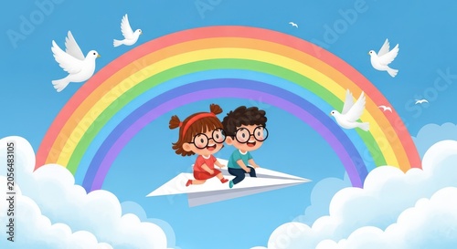 Happy children flying on a paper plane with a colorful rainbow in the sky