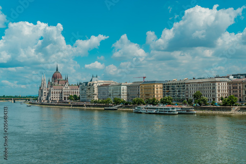 Panoramic view of the Danube river with the Hungarian Parliament in Budapest 