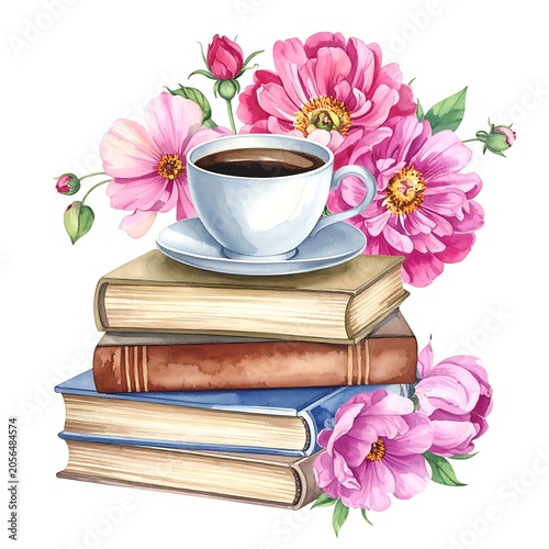 Coffee Cup on Stacked Books Flowers.