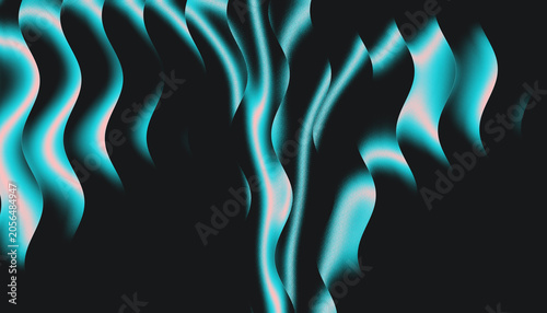 Abstract melting neon blue vertical waves with grain texture on black