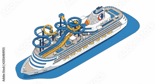 Billede på lærred A large cruise ship with multiple water slides on its upper deck, floating on blue water