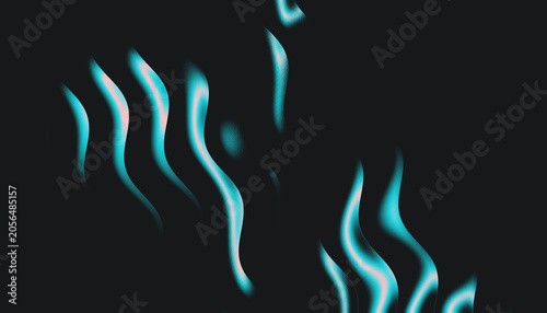 Abstract detached neon blue wavy elements with grainy texture on black