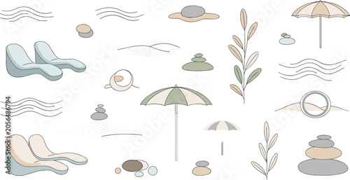 Photos Minimalist beach vector set with abstract line art sun loungers umbrellas zen st