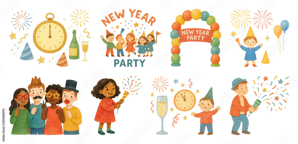 Fototapeta premium PNG Festive New Year celebration illustrations, element set on transparent background