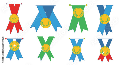 A collection of colorful ribbons with medals on them are arranged neatly.