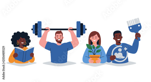 Diverse people engaging in various activities with book dumbbell plant globe and paintbrush