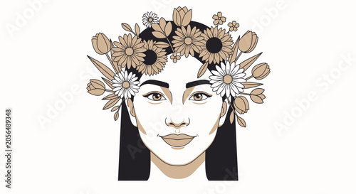 Woman wearing flowers on head smiling at camera in studio