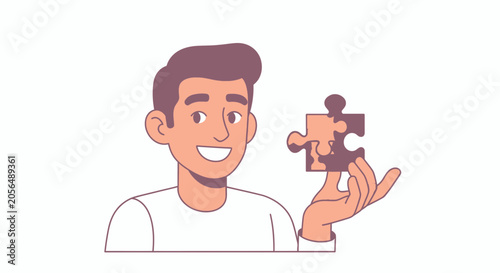 A smiling man holds a puzzle piece in his hand.