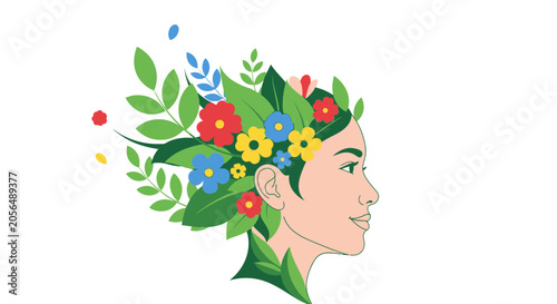 Woman's head decorated with flowers and leaves in profile view