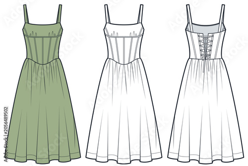 Schilderij op canvas Corset Midi Dress Flat Sketch, Sage Green, Front and Back View with Outline, Dre