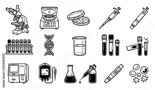 Tableau sur toile Laboratory Research and Medical Science Icon Set with Microscope DNA Strand Bloo