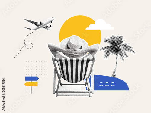 Summer travel collage with relaxed tourist in deck chair, airplane, palm tree, sun and sea. Modern halftone vacation illustration for tourism, leisure and holiday lifestyle themes.