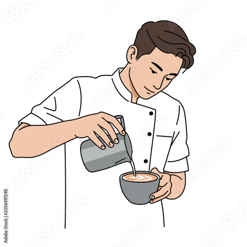 Young Male Barista Pouring Milk into Coffee Cup.
