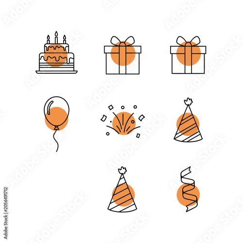 Birthday Party Icons: Cake, Gifts, Balloon, Confetti, Party Hats, Ribbon