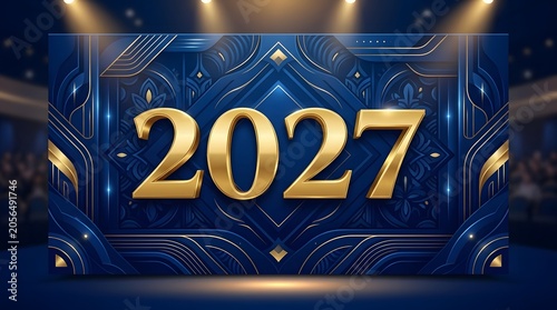 Golden '2027' new year celebration graphic with art deco elements