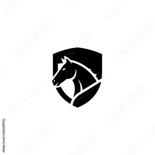 Black horse head silhouette in shield logo, emblem, symbol, crest, vector art