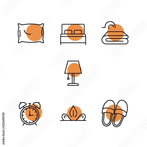 Bedroom Icons Set: Pillow, Bed, Hanger, Lamp, Alarm Clock, Slippers, Decor