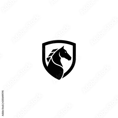 Black horse head silhouette inside a shield emblem, vector logo design.