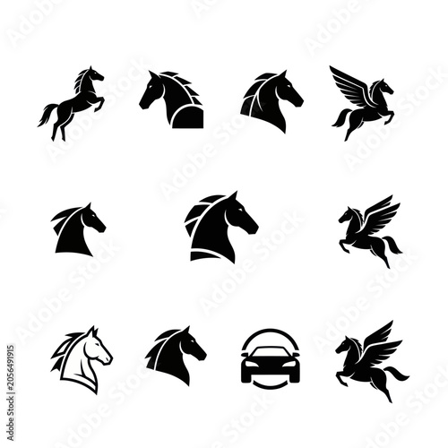 Black Horse Icons Set, Pegasus, Silhouette and Car Logo Design Elements