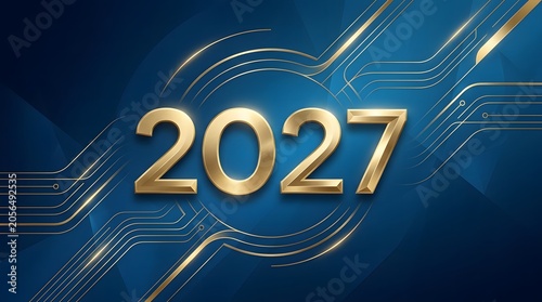 2027 futuristic technology concept with golden circuitry and dark blue background