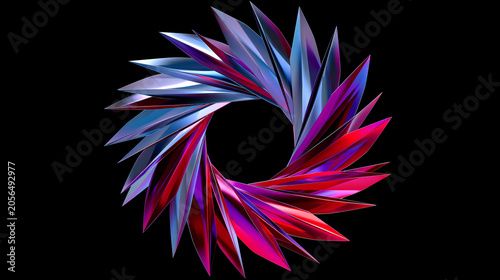 Vibrant 3D abstract spiral shape with metallic textures in blue, purple, and red hues isolated on a black background. Futuristic digital art showing a circular vortex of sharp blades.
