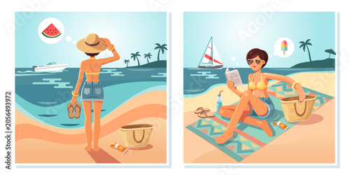 Vector illustration set of a young woman enjoying a summer vacation on a tropical beach. She is standing by the sea, reading a book, and thinking about summer treats like watermelon and ice cream.