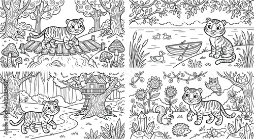 Foto Cute cartoon tiger cub adventuring in nature landscapes coloring book pages bund