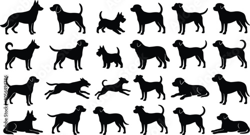 Bild auf Leinwand Large collection of black dog silhouettes featuring different purebred domestic