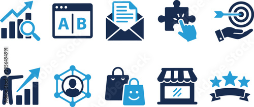 Set of digital marketing and business optimization icons featuring analytics web testing email strategy targeting growth and customer experience