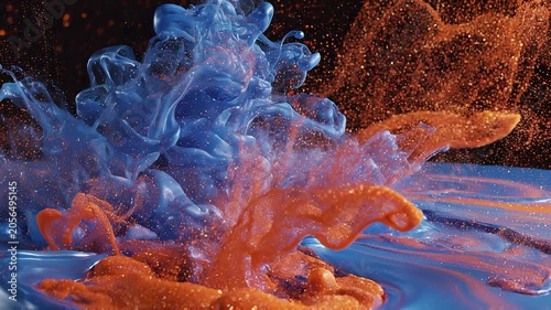 Vibrant orange and blue ink swirling together.