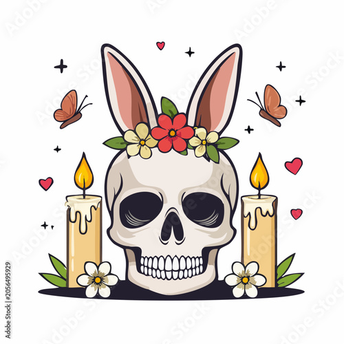 Skull with Bunny Ears and Flowers, Candles, and Butterflies