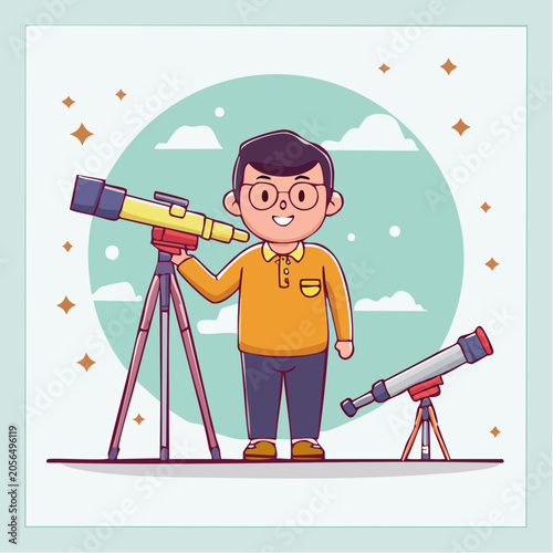 Boy with Telescope Observing the Stars