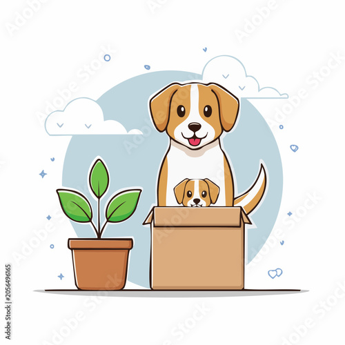 Cute Dog and Puppy in Cardboard Box with Potted Plant