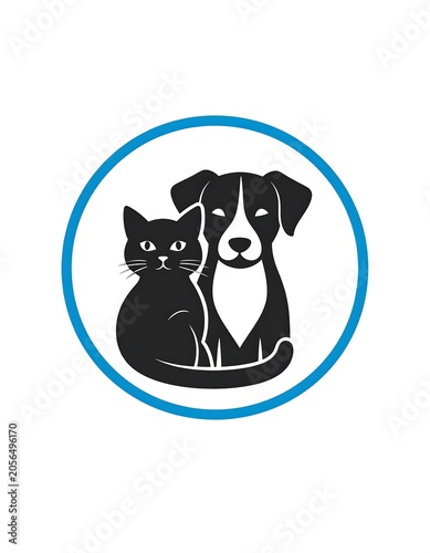 A black cat and dog in a blue circle on white background