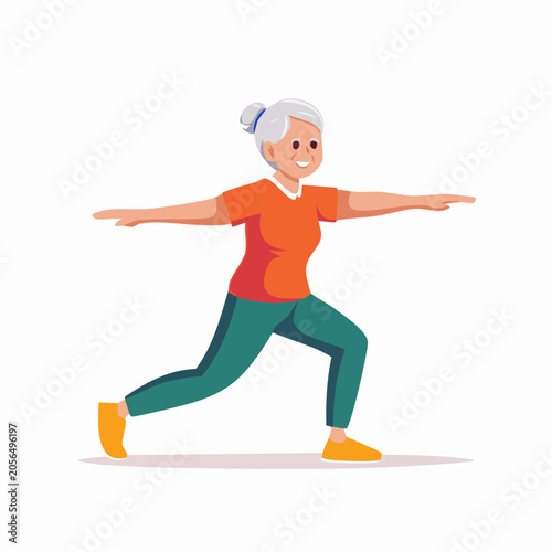 Elderly Woman Practicing Yoga Warrior Pose