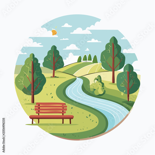 Serene Park Landscape with Winding River and Bench
