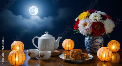 Moonlit Tea Party with Lanterns and Flowers