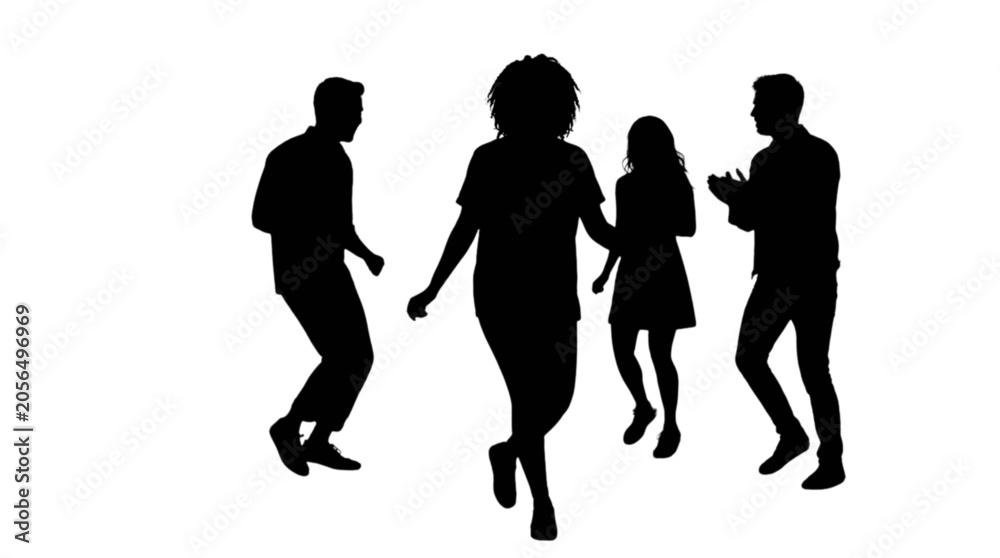 Obraz premium Four silhouettes dancing together in a group isolated on transparent background, Vector