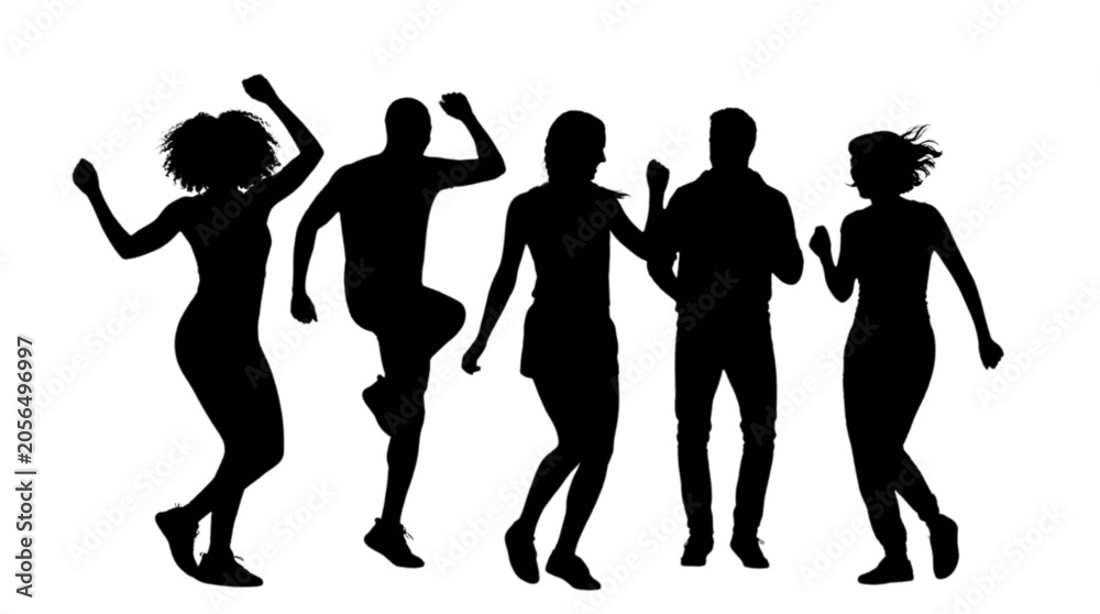 Fototapeta premium Five people dancing together joyfully isolated on transparent background, Vector