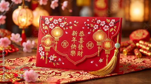 Ornate Red Lunar New Year Envelope Displayed on Festive Table Setting