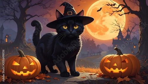 A black cat in a witch's hat stands on a stone path between two jack-o'-lanterns, surrounded by autumn leaves and trees, with a full moon in the background