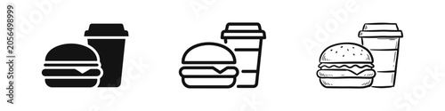 Bild auf Leinwand Fast food burger and coffee cup icon set in solid, outline, and hand-drawn style