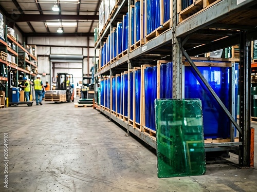 Glass warehouse storage facility with forklift and worker in industrial setting with blue and green glass sheets on shelves