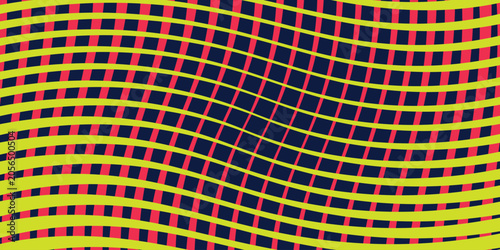 Abstract geometric background with neon yellow and pink wavy optical grid lines.